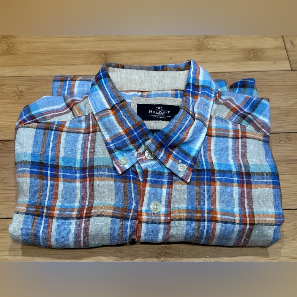 Hackett London 100% Linen Button Down Dress Shirt Men’s Size M Plaid Multicolor